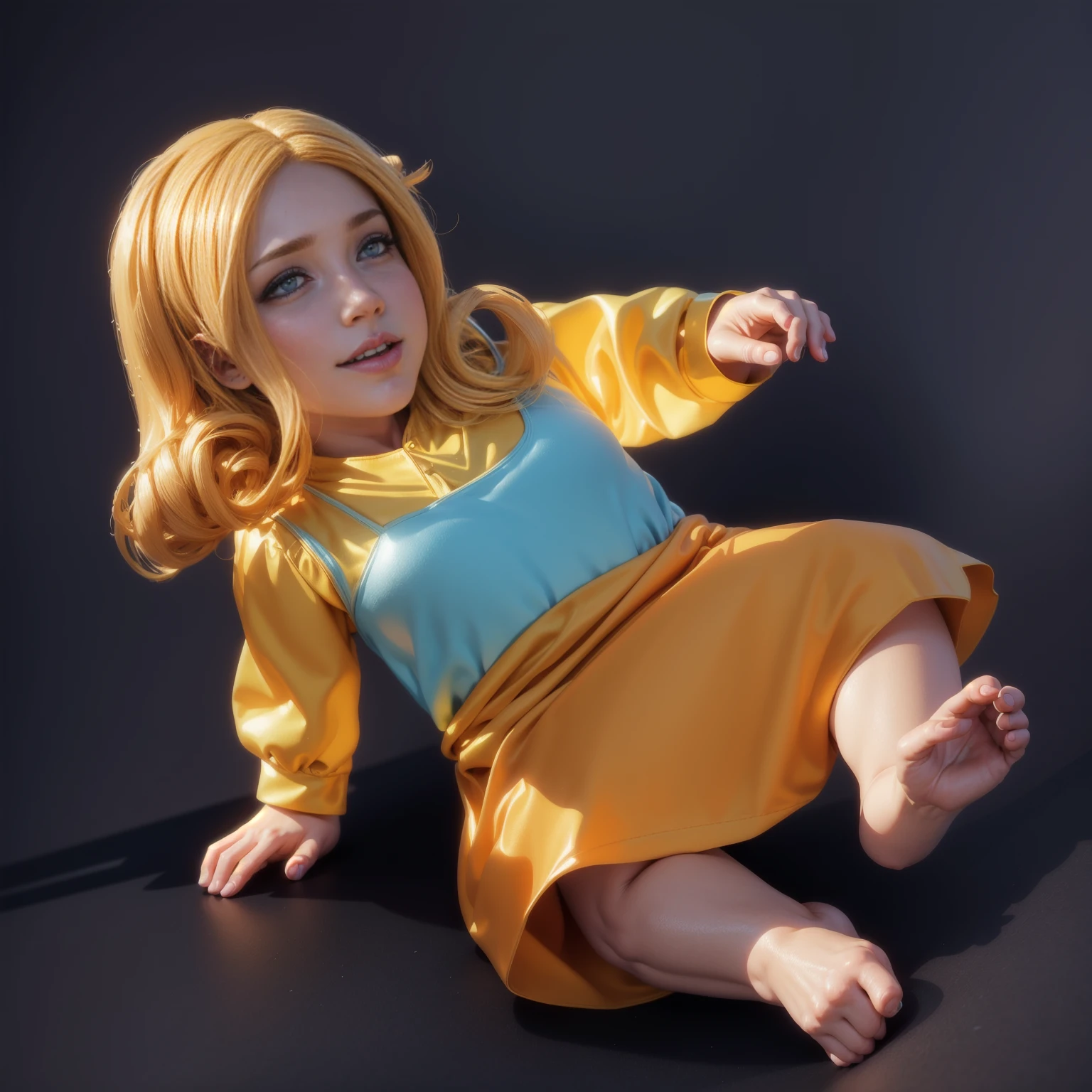The image shows a 3D animated character, a baby girl with blonde hair, wearing a yellow dress and a red skirt, sitting on the floor, smooth 3d model, glossy plastic texture, multiple light sources, rim light, sharp post effects render, most beautiful vfx, , realistic, 4k, high resolution, rim light, smooth 3d model. , glossy texture, smooth 3d model, multiple light sources, rim light, sharp post effects render, (glossy plastic texture with multiple big light probe refractions), perfect cgi, reflective, best quality, 4k, masterpiece:1.2, ultra-detailed, realistic, vivid colors, The image of the highest quality, ensuring every detail showcased perfectly. It in 4k resolution, allowing viewers to immerse themselves in the richness of the colors and intricate details. The realistic rendering. under the spotlight, reflecting, high-resolution image, realistic rendering