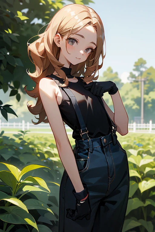 Slender beautiful girl、10th Generation、athlete、sleeveless Black T-shirt、Overalls、Off the shoulder、Gloves in hand、Curly Hair、Garden、Short stature、白いノースリーブのジップアップパーカー
