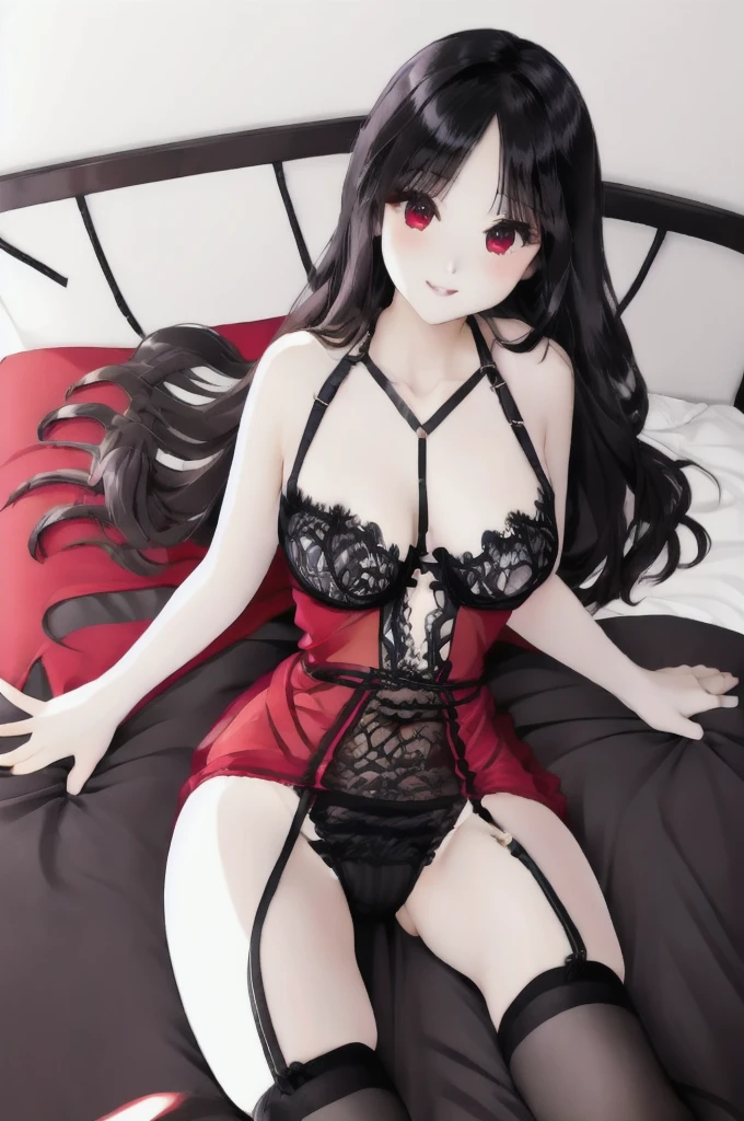 Black Hair、Semi-long hair、Straight Hair、Red eyes、In underwear、Small breasts、Small breasts、garter belt、Bedroom、On the bed、