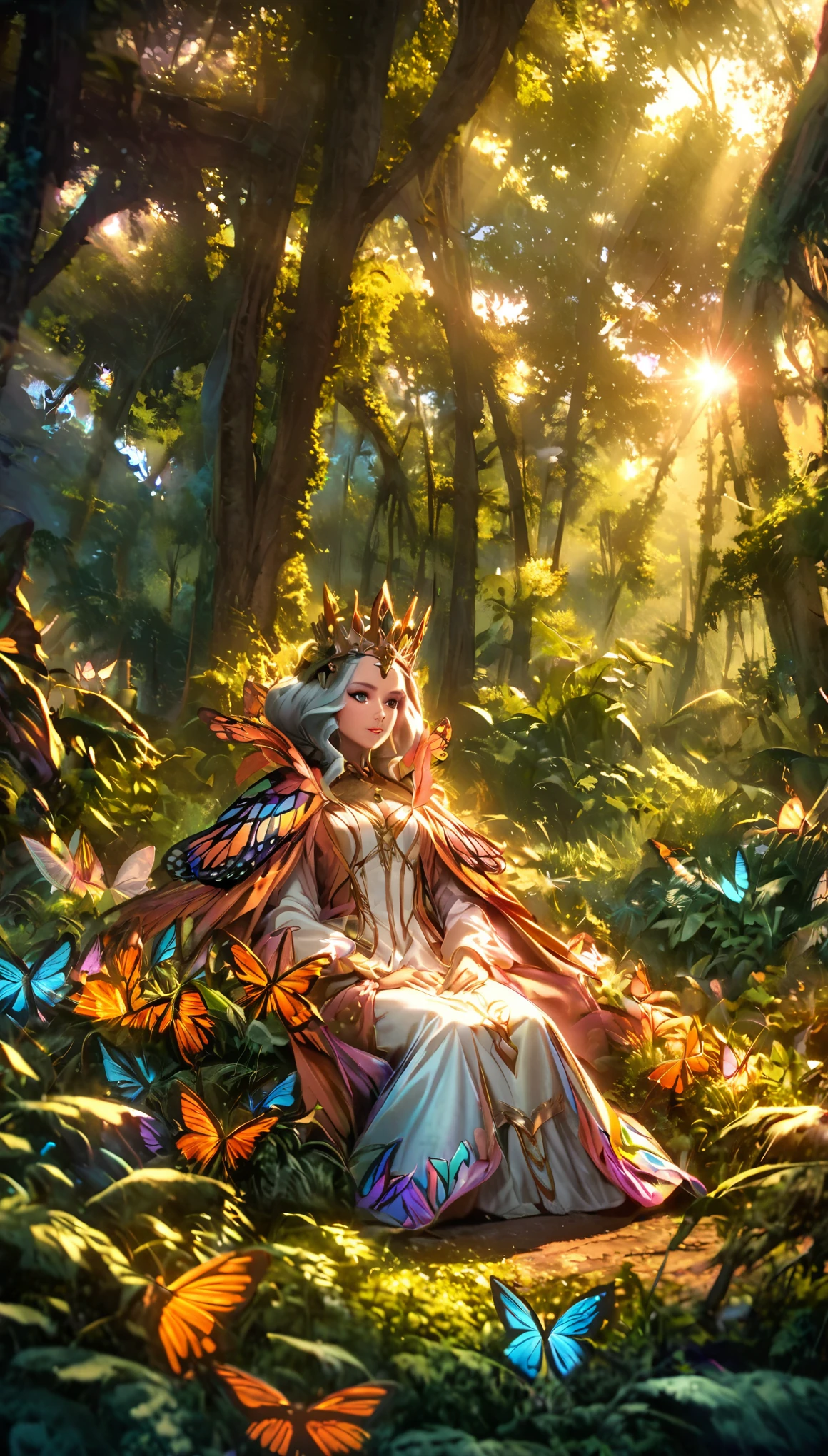 wide angle, great general plan, whole body, ((a queen of nature , beautiful vegetation, animal butterflies, contemplating his queen:1.5)), a beautiful forest at dawn, idyllic, magical, majestic, epic lighting, 8k, detailed face, detailed eyes, detailed lips, long eyelashes, beautiful dress, serene expression, lush foliage, colorful flowers, Sun rays, photorealistic, cinematographic, warm colors, dramatic lighting, intricate details