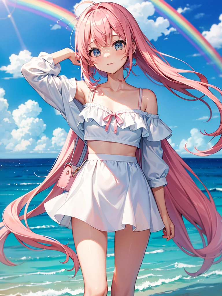 Summer sky、rainbow、One girl、Pink Hair、bangs、Light blue off-shoulder、White hot pants、Shoulder bag、Highest quality、Masterpiece