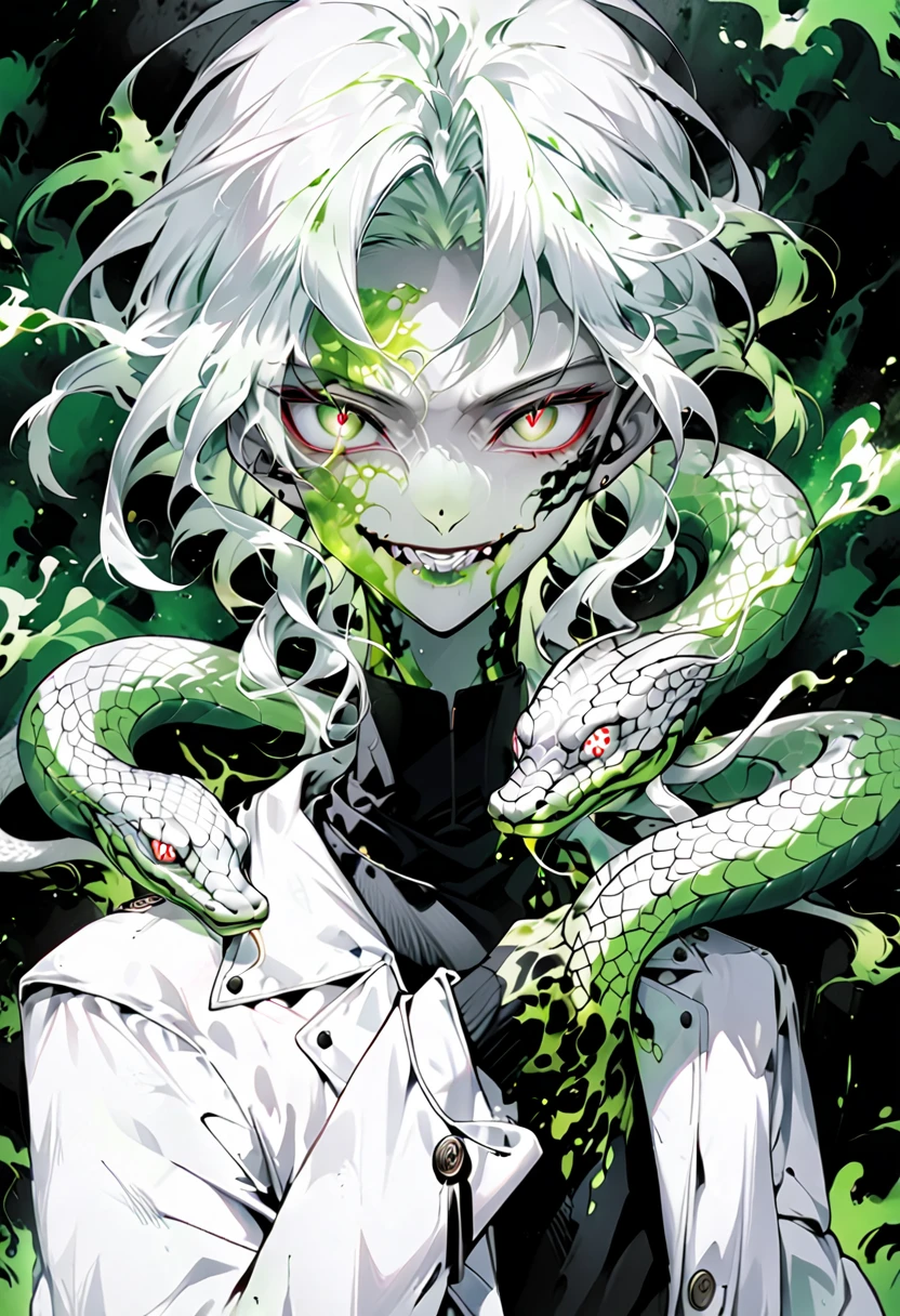 Generate an anime-style illustration of a age male character with the appearance of a Gorgon. He should have pale skin, sharp facial features, and a monstrous look, with green scales covering parts of his face and body. His hair should be made entirely of slender, elegant white snakes with subtle green highlights, all oozing a green liquid aura. The snakes should have piercing red eyes. The character should be wearing a white trench coat hoodie with accents of green, creating a harmonious green and white color theme. He should have a sinister grin on his face. Please ensure that the overall aesthetic remains true to traditional anime art style
