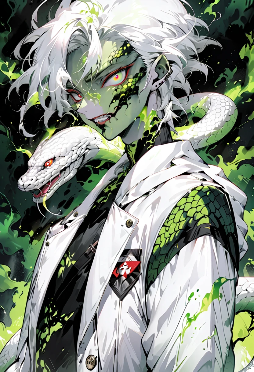 Generate an anime-style illustration of a age male character with the appearance of a Gorgon. He should have pale skin, sharp facial features, and a monstrous look, with green scales covering parts of his face and body. His hair should be made entirely of slender, elegant white snakes with subtle green highlights, all oozing a green liquid aura. The snakes should have piercing red eyes. The character should be wearing a white trench coat hoodie with accents of green, creating a harmonious green and white color theme. He should have a sinister grin on his face. Please ensure that the overall aesthetic remains true to traditional anime art style