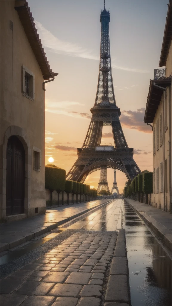 France at dusk、Eiffel Tower、Fantasy、mysterious、Cobblestones and historic buildings、Beautiful sunset、
