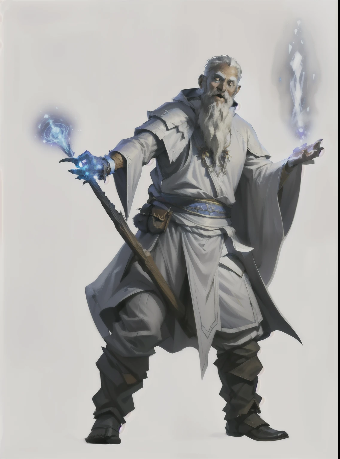 I want a character with a white background, png, Full body image, a wizard, face all in white with an old cloth tunic, white beard and snow-white hair, a wooden staff, and a white owl flying around