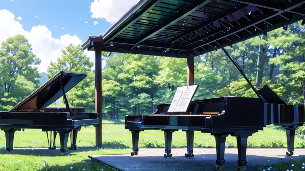 Placed in a forest where irises are in bloom１Grand pianos、White clouds in the sky after the rain、In the empty forest