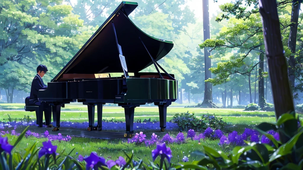 Placed in a forest where irises are in bloom１Grand pianos、White clouds in the sky after the rain、In the empty forest