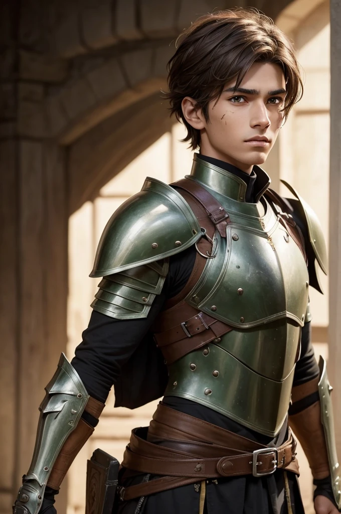 Please create an image of a warrior wearing armor. He is a tall, brown-skinned young man with green eyes, medium-length brown hair, and a scar on his left eye. He's have a light Brown hair, anime style