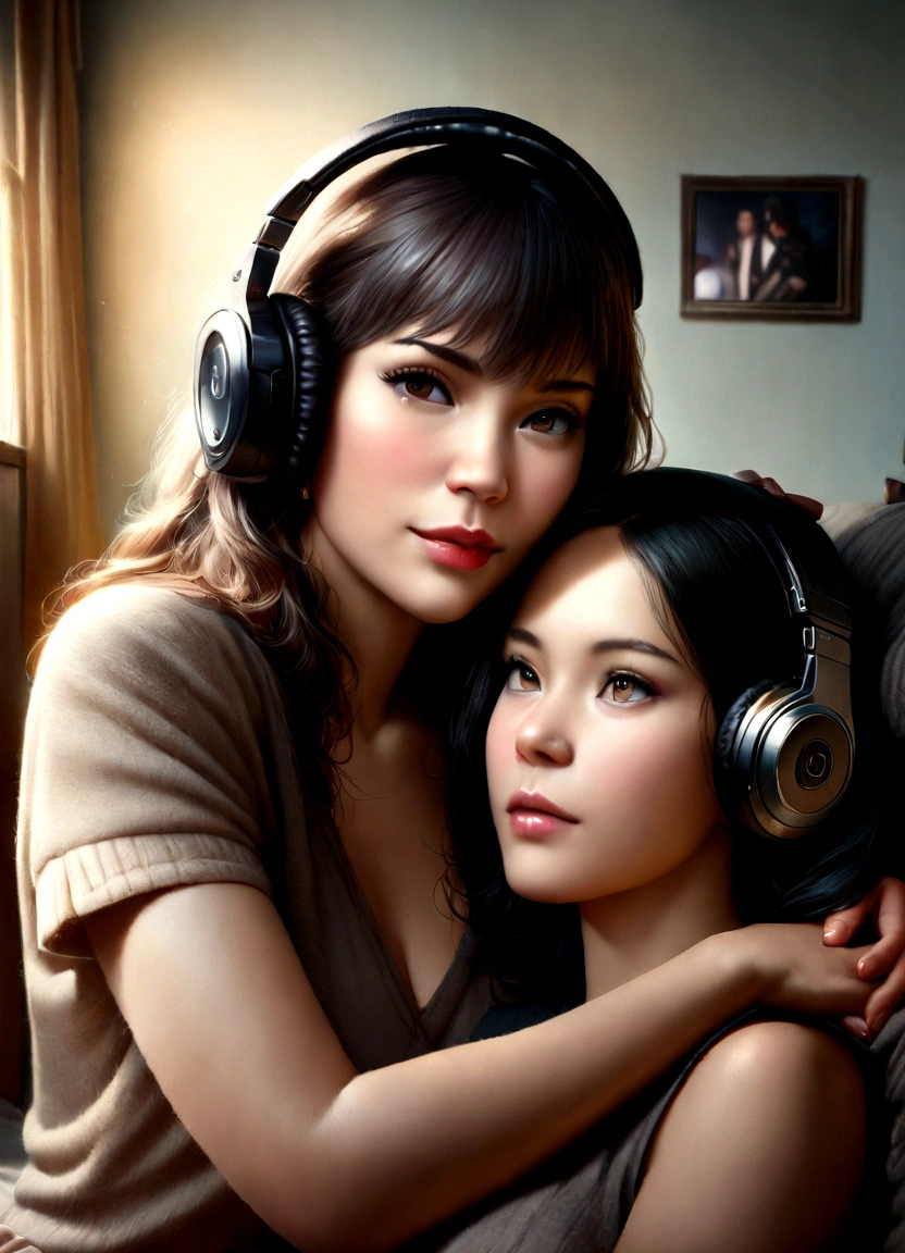 a beautiful girl listening to music in a cozy night room, wearing headphones, 2D anime style, lo-fi, cozy dark room, embracing her boyfriend, (best quality,8k,highres,masterpiece:1.2),ultra-detailed,(realistic,photorealistic,photo-realistic:1.37),intricate details,warm lighting,soft focus,vibrant colors