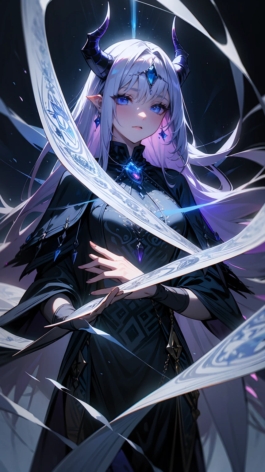 Create an illustration of a dark, alluring sorceress with deep purple skin and long, flowing white hair. She has piercing blue eyes and wears large, black, curved horns on her head. She is adorned with intricate, dark clothing with elegant patterns and a high collar. The sorceress has a blue jewel on her forehead and wears matching earrings. The background is dark, with subtle glowing stars and a mystical ambiance, highlighting her mysterious and enchanting presence. - watercolor drawing on old scripts