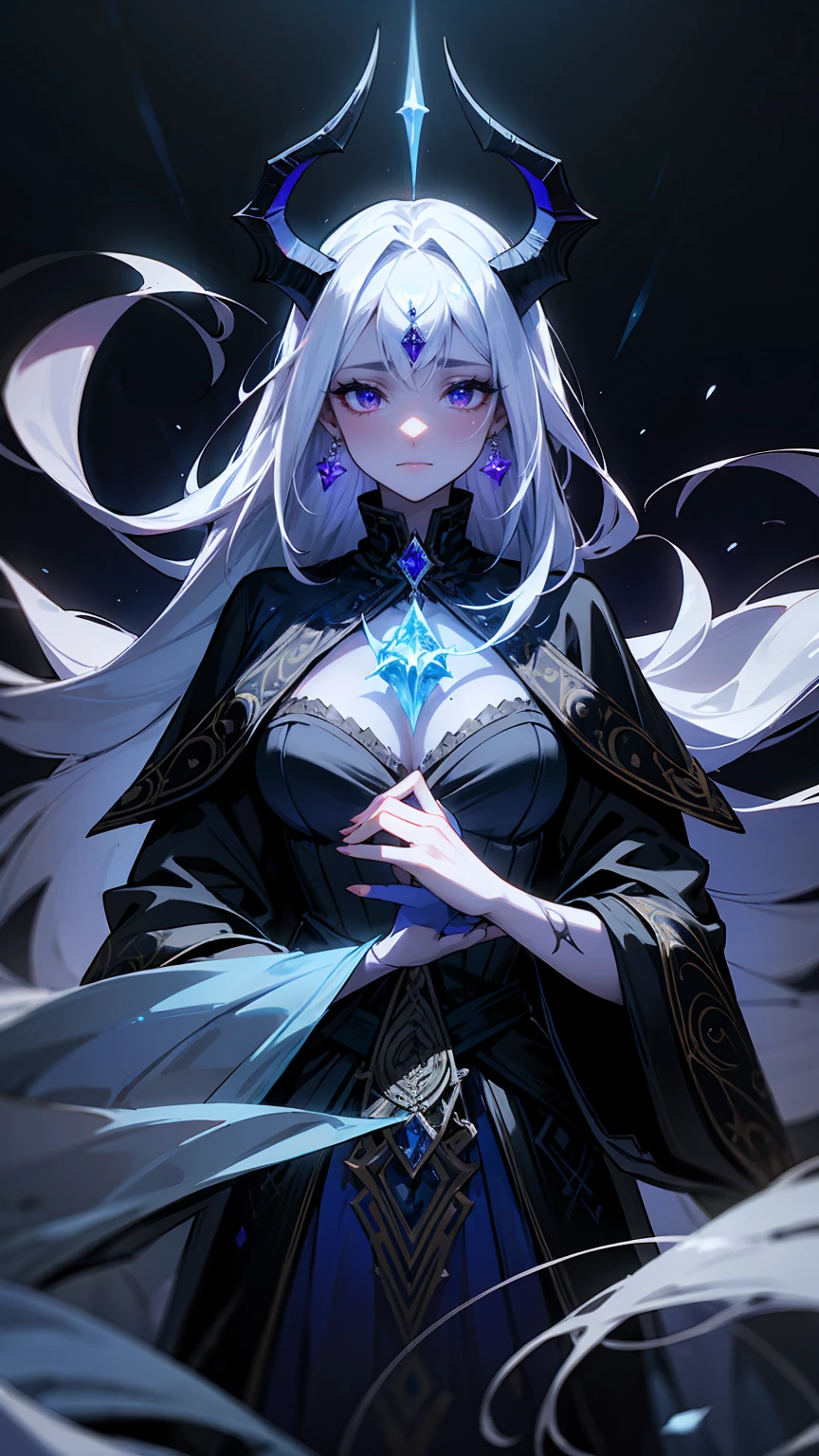 Create an illustration of a dark, alluring sorceress with deep purple skin and long, flowing white hair. She has piercing blue eyes and wears large, black, curved horns on her head. She is adorned with intricate, dark clothing with elegant patterns and a high collar. The sorceress has a blue jewel on her forehead and wears matching earrings. The background is dark, with subtle glowing stars and a mystical ambiance, highlighting her mysterious and enchanting presence. - watercolor drawing on old scripts