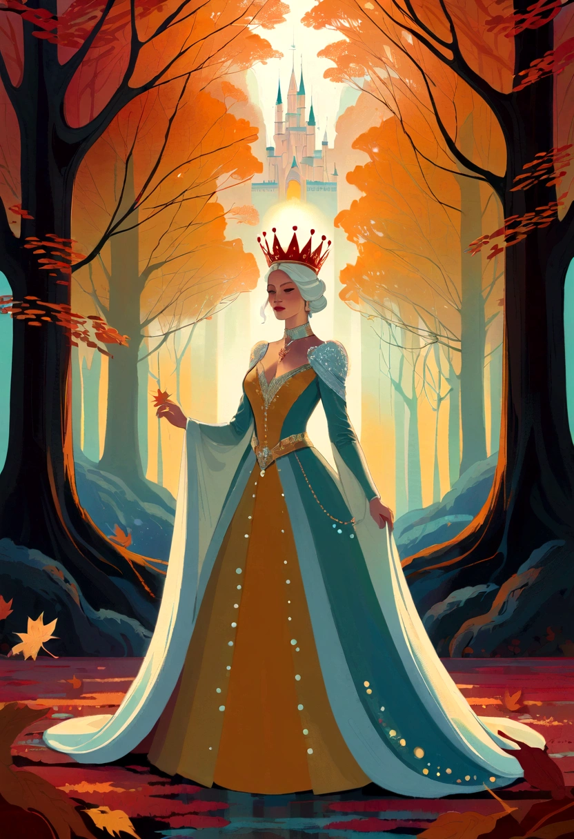 Queen, crown, Luminous design, Soft colors, Ink Drops, Autumn Lights, Signed by the artist, The scenery behind is vast and breathtaking, Lead the audience into a wonderful and exploratory world.