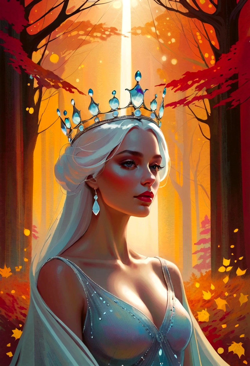Queen, crown, Luminous design, Soft colors, Ink Drops, Autumn Lights, Signed by the artist, The scenery behind is vast and breathtaking, Lead the audience into a wonderful and exploratory world.