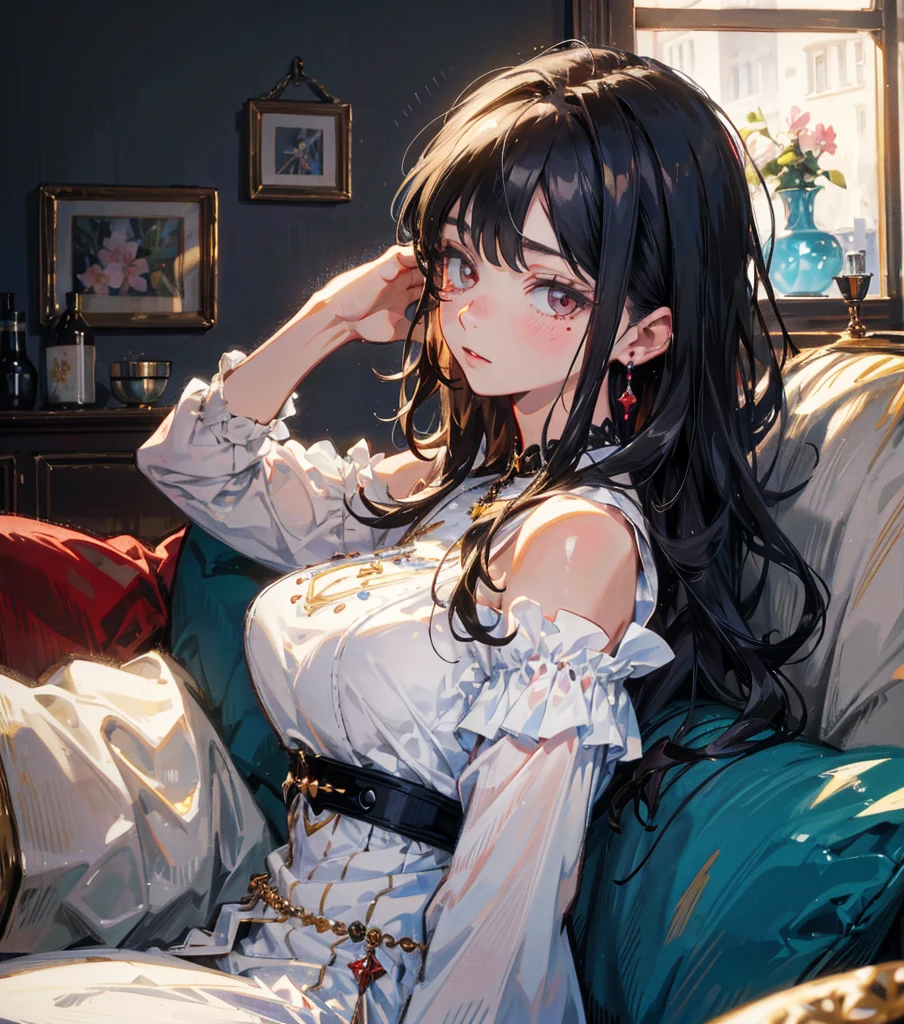 ((((absurdres, RAW photo, extremely delicate and beautiful, masterpiece, Best Quality, ultra high resolution, 32k, hyperrealistic, ultra-detailed)))), in her 20s, very Slim body, narrow waist, very small head, very small face, delicate facial features, beautiful face, beautiful eyes, ((very huge round tits)), medium hair, black hair, wavy hair, tearful mole, earring, full body shot, off-the-shoulder cut top, sofa,