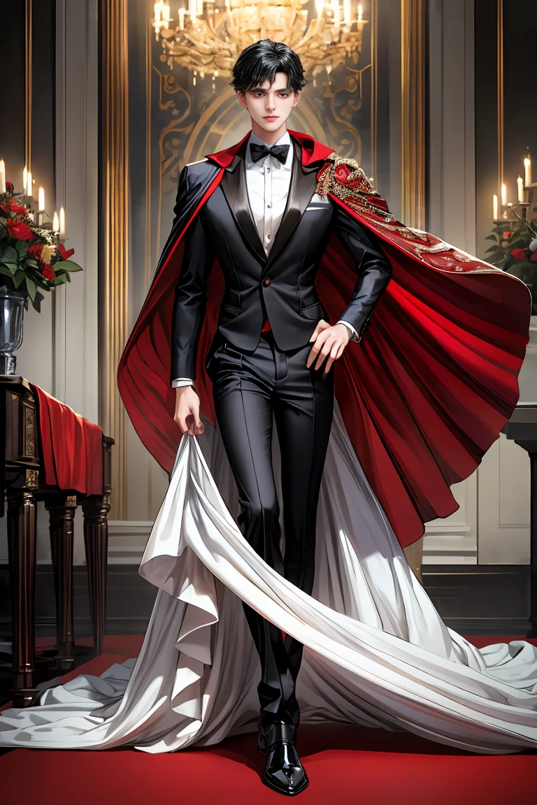 
masterpiece, 最high quality, high quality, 1 boy, alone, Male focus, Watching the audience,  Messy black hair, Adorable big blue eyes, White people, Noble, Noble,Sexy voluminous black and red cape、Tuxedo、A very voluminous, large, very large, very large, long, long red and black cape with a high stand-up collar, reaching down to the floor, made of a lot of fabric., 17 years old,Cute beautiful boys,Cute, cute, kind, handsome guy