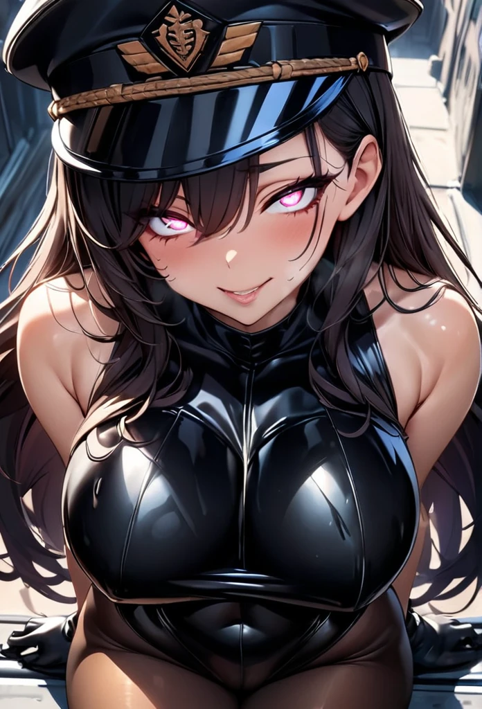 masterpiece, best quality, 1lady,black hair,long hair,glowing eyes, (finely detailed empty pupils and detailed face),,,,extremely detailed picture unity 8k wallpaper,solo,(latex military costume:0.9),large breasts,seductive smile,military hat,latex thighhigh,large breasts,black hair,pink eyes,black leotard,pantyhose,no sleeve,enamel suits,grossy lips,sitting,bust shot,sadistic smile,,heel