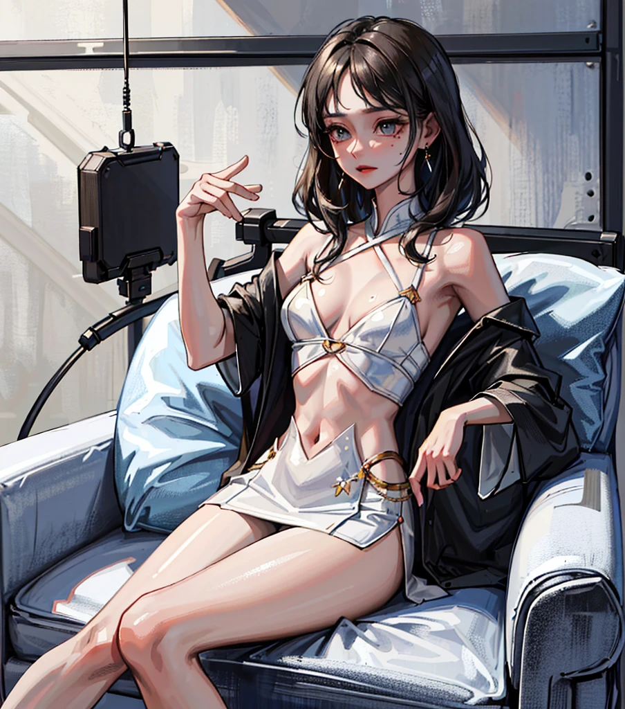 ((((absurdres, RAW photo, extremely delicate and beautiful, masterpiece, Best Quality, ultra high resolution, 32k, hyperrealistic, ultra-detailed)))), in her 20s, very Slim body, narrow waist, very small head, very small face, delicate facial features, beautiful face, beautiful eyes, ((very huge round tits)), medium hair, black hair, wavy hair, tearful mole, earring, full body shot, off-the-shoulder cut top, sofa,