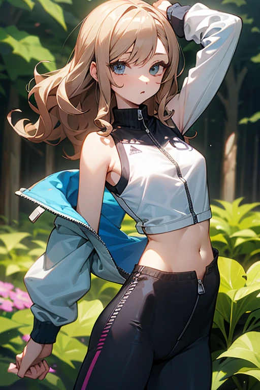 Slender beautiful girl、10th Generation、sleeveless shirt、athlete、Thin fabric tights、Belly button、A tighter zip-up shirt、Tight zip-up tracksuit、Curly Hair、Garden、Drawn eyes、Subtle details、目のハイライト