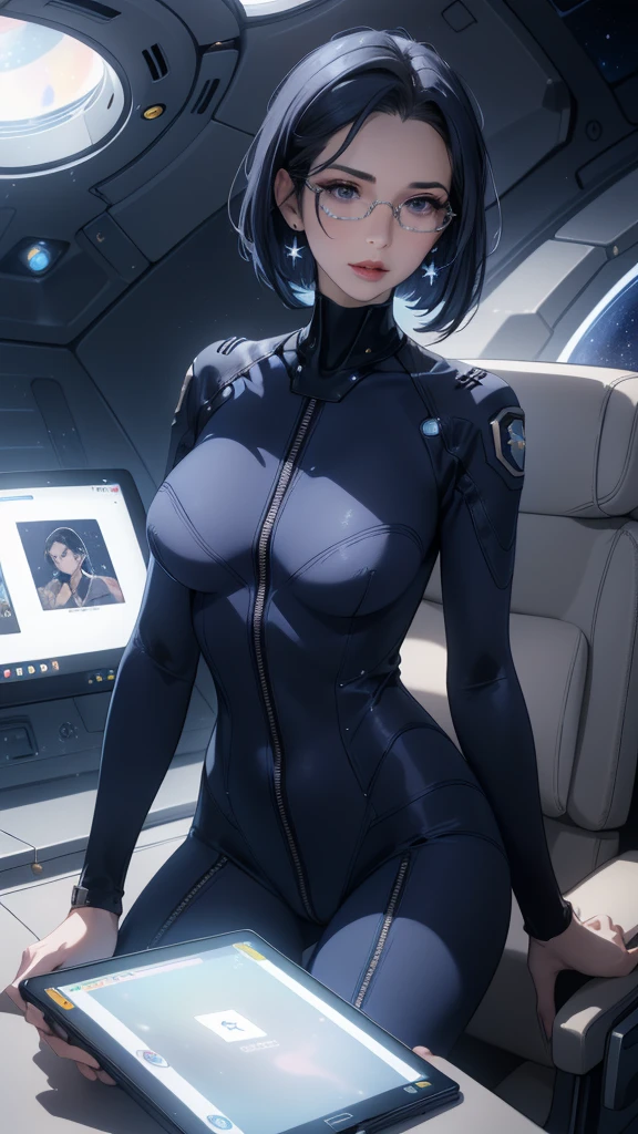 a beautiful young girl with short blue hair, a light smile, brown eyes, hair clips, lips, stud earrings, semi-rimless eyewear, wearing a glossy blue bodysuit, with a large buttocks and large breasts, (best quality,4K,8K,highres,masterpiece:1.2),ultra-detailed,(realistic,photorealistic,photo-realistic:1.37),highly detailed face, extremely detailed eyes and face, long eyelashes, beautiful detailed eyes, beautiful detailed lips, concept art, cinematic lighting, vibrant colors, hyper-realistic,((Navy blue bodysuit))(Glasses)((Inside the spaceship))((Sit on a chair and cross your legs))((Operating a tablet device))