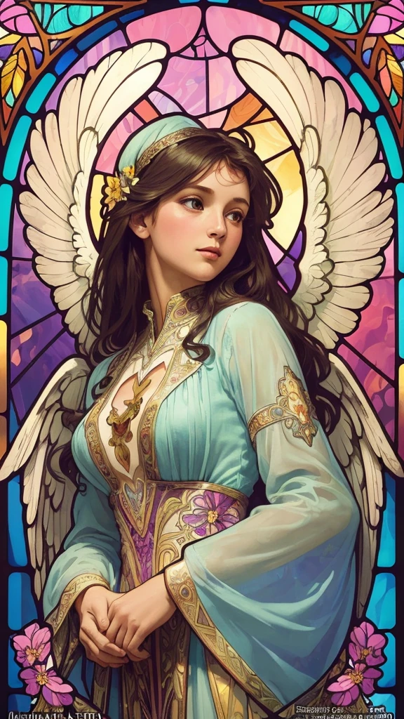 (Highest quality:1.2,Vector art:1.1,Vibrant colors,Stained glass,Beautiful vintage angel woman,A look of determination,(Wide open angel wings:1.1),face,(Facing forward,Looking Ahead,face to face)(Alphonse Mucha style,Complex floral background,Vibrant colors,Warm Tones,Soft lighting)