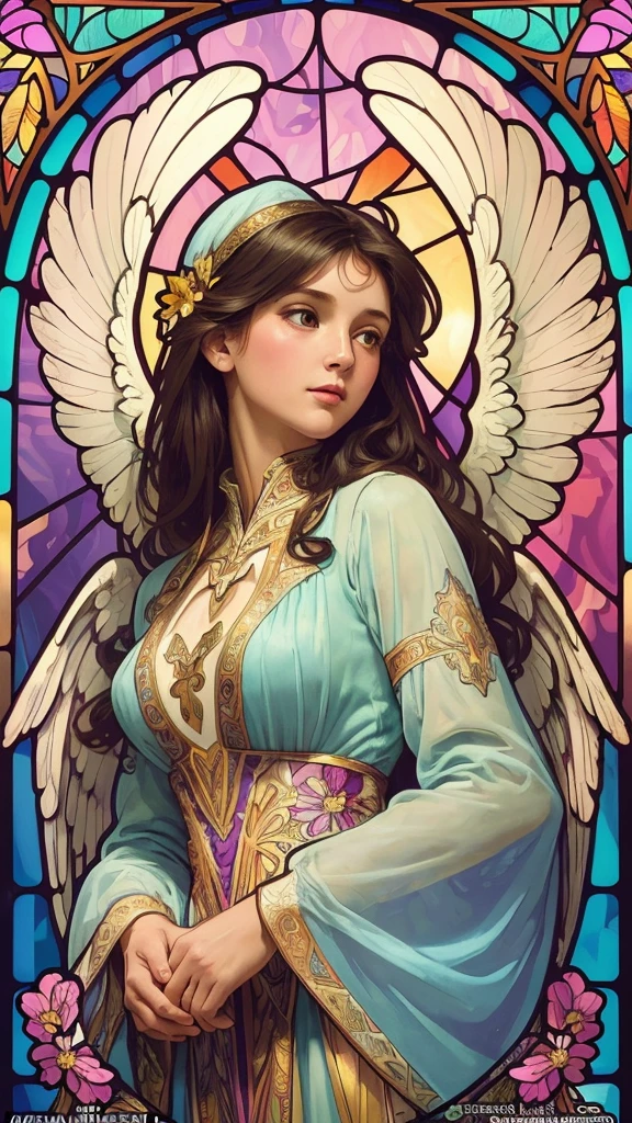(Highest quality:1.2,Vector art:1.1,Vibrant colors,Stained glass,Beautiful vintage angel woman,A look of determination,(Wide open angel wings:1.1),face,(Facing forward,Looking Ahead,face to face)(Alphonse Mucha style,Complex floral background,Vibrant colors,Warm Tones,Soft lighting)