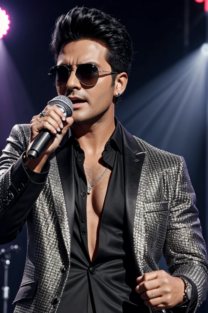 Male singer wearing blazer jacket with a microphone in his right hand with short spiky black hair with silver colored bysses and sunglasses