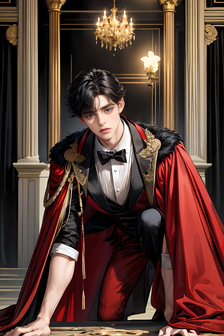 
masterpiece, 最high quality, high quality, 1 boy, alone, Male focus, Watching the audience,  Messy black hair, Adorable big blue eyes, White people, Noble, Noble,Sexy voluminous black and red cape、Tuxedo、A very voluminous, large, very large, very large, long, long red and black cape with a high stand-up collar, reaching down to the floor, made of a lot of fabric., 17 years old,Cute beautiful boys,Cute, cute, kind, handsome guy