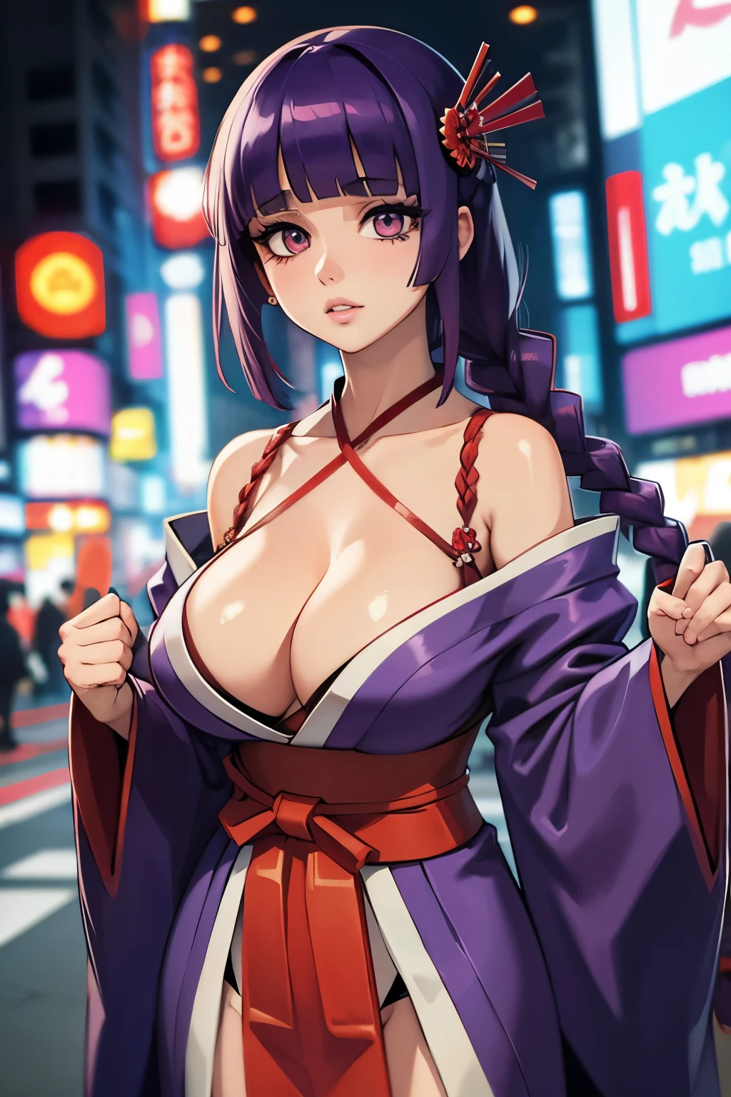 1girl, blunt bangs, braid, wide sleeves, hair ornament, japanese clothes, red obi, (purple hair:1.2), very long hair, straight hair, looking at viewer, highly detailed background, detailed eyes, red eyeshadow, depth of field，thigh, (ulzzang-6500:0.7), upper body, (solo:1.2), (cyberpunk city:1.1), cleavage, (finger on lips:1.1),Shiny skin