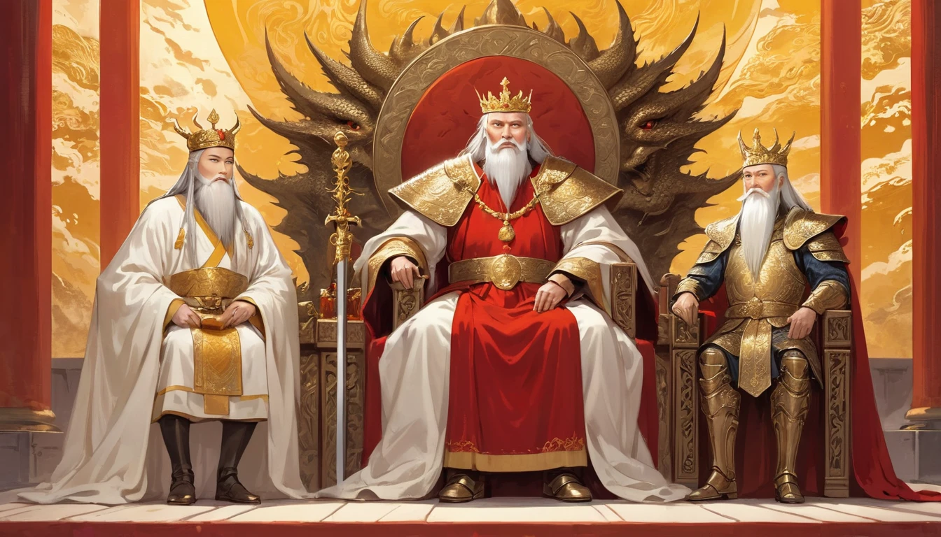 Two people, (an old emperor named John, tall, square face, long silver hair, wearing a golden crown, thick eyebrows, long white beard, pale complexion, wearing gorgeous golden robes, embroidered with dragon patterns), (another A young general named John Ken, with a burly build, long face, short blond hair, thick eyebrows, short beard, healthy bronze color, wearing red armor with a sun symbol and a golden sword at his waist), John Sitting majestically on the shining golden throne, Ken stood in front of the throne, and there was an atmosphere of respect and loyalty between the two.
