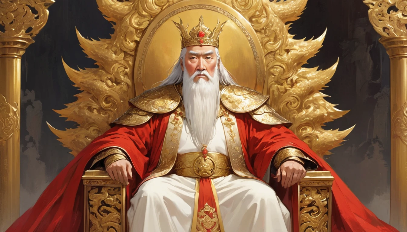 Two people, (an old emperor named John, tall, square face, long silver hair, wearing a golden crown, thick eyebrows, long white beard, pale complexion, wearing gorgeous golden robes, embroidered with dragon patterns), (another A young general named John Ken, with a burly build, long face, short blond hair, thick eyebrows, short beard, healthy bronze color, wearing red armor with a sun symbol and a golden sword at his waist), John Sitting majestically on the shining golden throne, Ken stood in front of the throne, and there was an atmosphere of respect and loyalty between the two.
