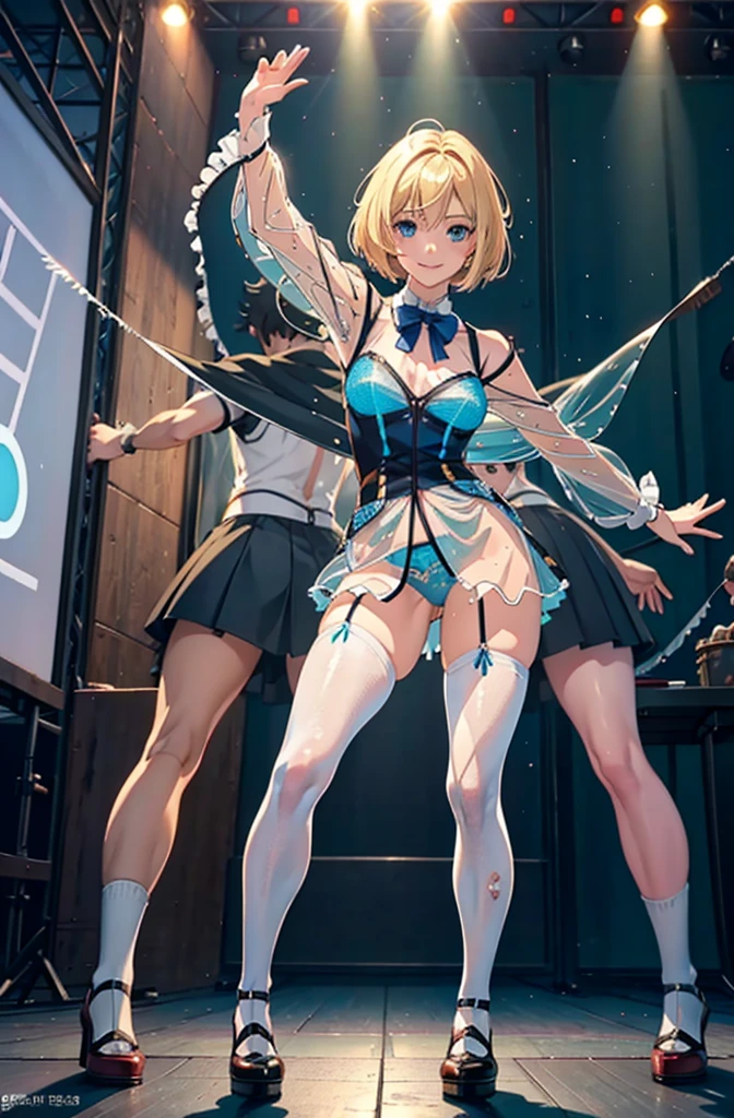 (RAW photo:1.2, photorealistic:1.3), masterpiece:1.4, best quality:1.3, Highest details:1.3, beautiful and aesthetic, extremely detailed CG unity 8k wallpaper,( vibrant colors:1.1), high resolution, (see-through:2.0) underwear and white short dress and a bow tie, anime visual of a cute girl, official character art, anime girl, official art, single character full body, anime full body illustration, full body portrait of a short!, female anime character, as an anime character, a-1 pictures, full body with costume, rei hiroe, anime best girl, blond bob hair, on the stage, dynamic pose, dancing, smile, stained panties, pee stained panties, panties, having armpit microphone