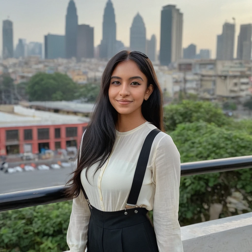 (front facing camera),(Skin Texture, pores, natural,iPhone,RAW)), natural lighting, oval face, beautiful face, Full body Photo of a woman wearing with straight flowing black hair wearing a ((tight)) elastic full sleeve top and suspenders,looking straight at the camera and smiling, Nikon Z9, realistic matte skin, blurry indian city in the background,facing the camera