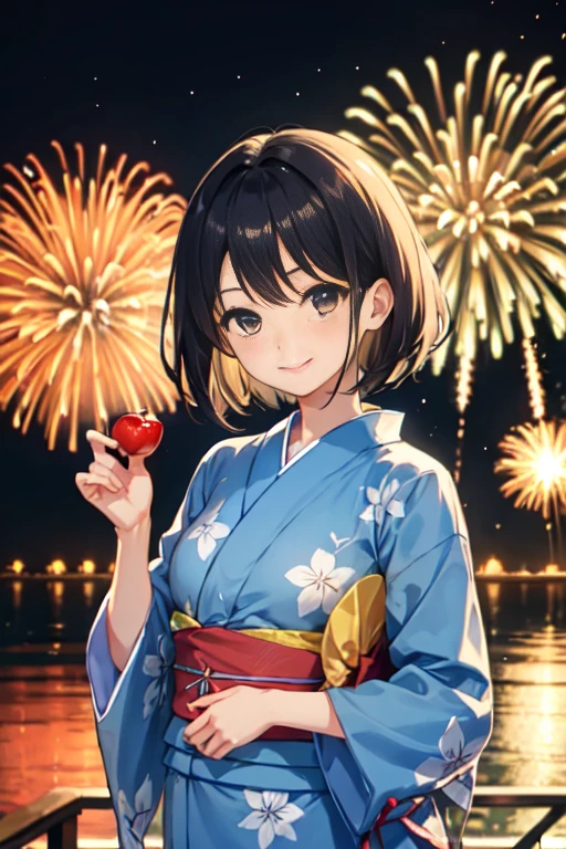 Black Hair、Iris、short hair、Girl、cute、Light blue yukata、はにかんだsmile、、Small breasts、The background is a fireworks display、smile、Candy apple in hand