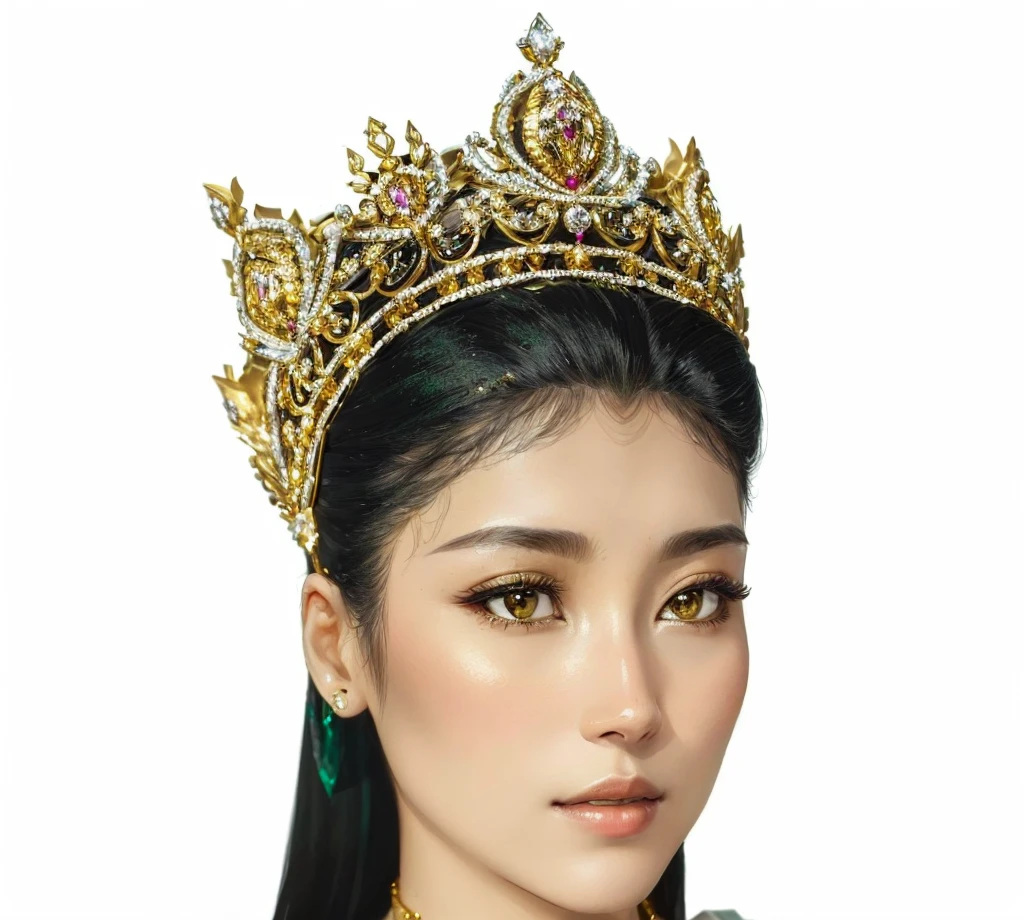 arafed woman wearing a tiable and a necklace with a diamond, with crown, big crown adorned with emerald, crown, gold crown, wearing golden crown, with a gold crown, wearing crown, kazakh empress, traditional, wearing huge golden crown, wearing a golden crown, queen crown, gold tiara, intricate gold crown, luxanna crownguard, wearing a crown