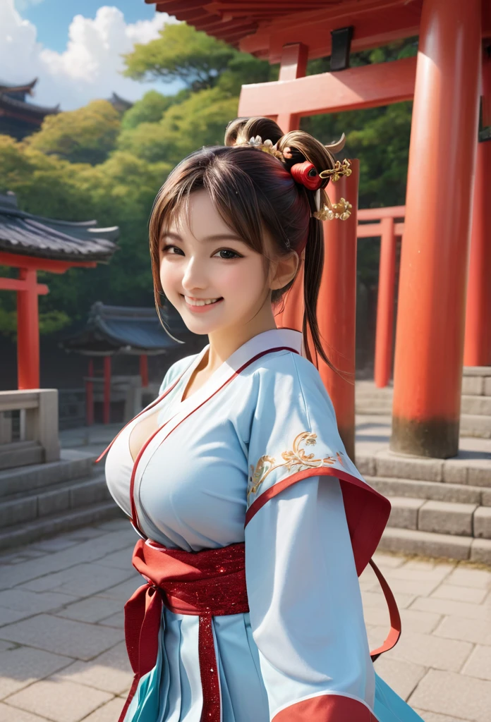 Shrine grounds, Clear sky with white clouds, Miko costume, Blur the background,high school girl,Big Breasts,ponytail,smile,Glitter effect,Highest quality, 8K, High resolution, masterpiece:1.2, Very detailed, Realistic:1.37, High resolution, 超High resolution, Ultra-fine painting, Very detailed, Professional, Vibrant colors