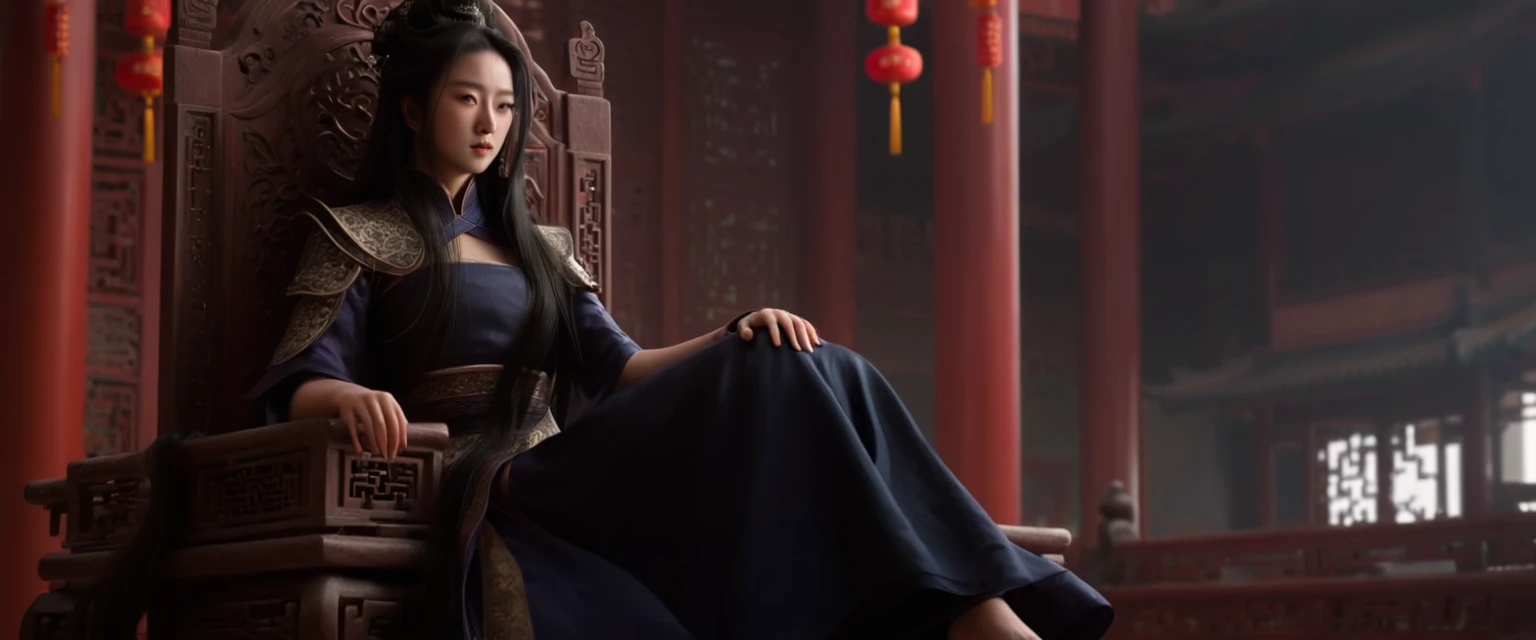 score_9, score_8_up, score_7_up, source_photo, photography, realistic, rating safe, from side, cinematic lighting, ultra detailed, absurdity, 1girl, lady Qin Shi Huang, sitting on Chinese Throne, Chinese Palace, hands on knees,  long hair, black hair, masterpiece, 8K, 