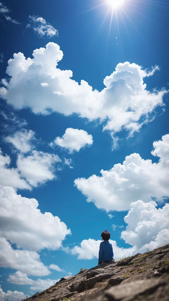 blue sky A landscape with depth cloud Three-dimensional Small person Looking up at the sky painful universe grow anime Shinkai Makoto