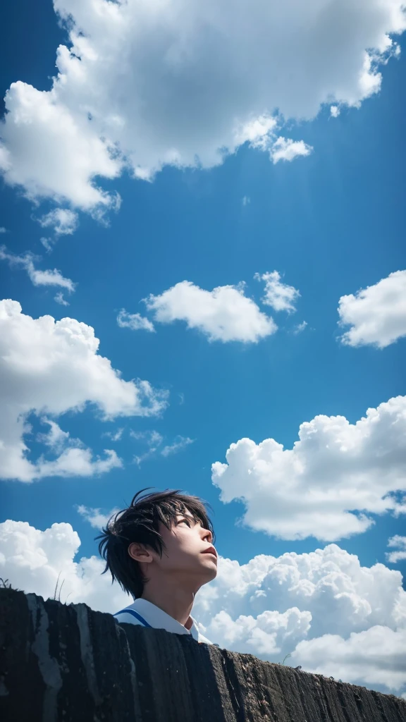 blue sky A landscape with depth cloud Three-dimensional Small person Looking up at the sky painful universe grow anime Shinkai Makoto