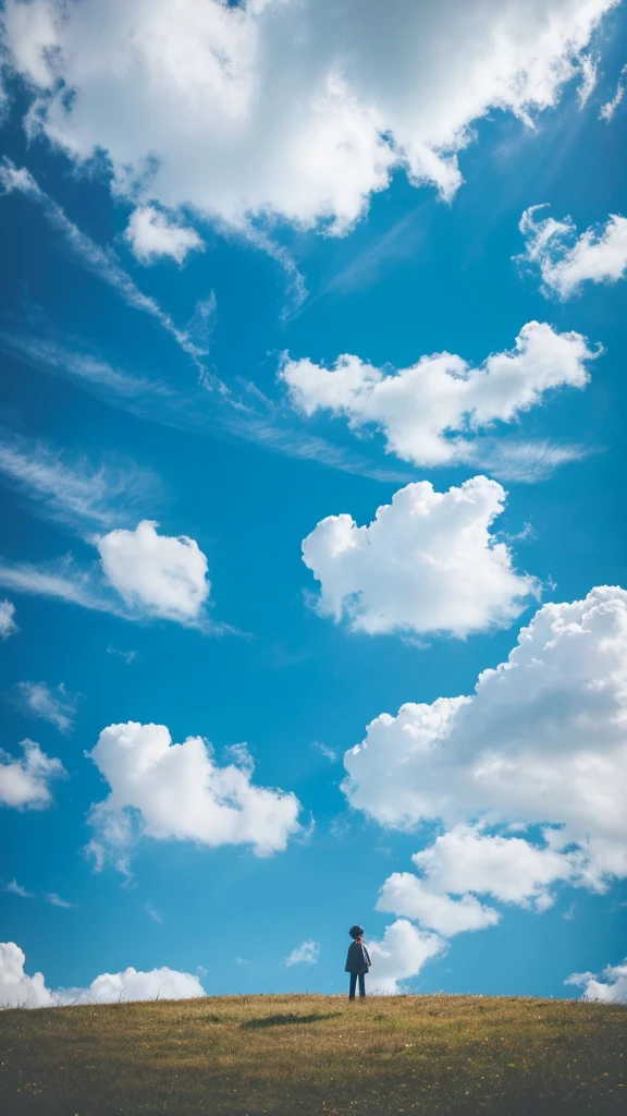 blue sky A landscape with depth cloud Three-dimensional Small person Looking up at the sky painful universe grow anime Shinkai Makoto