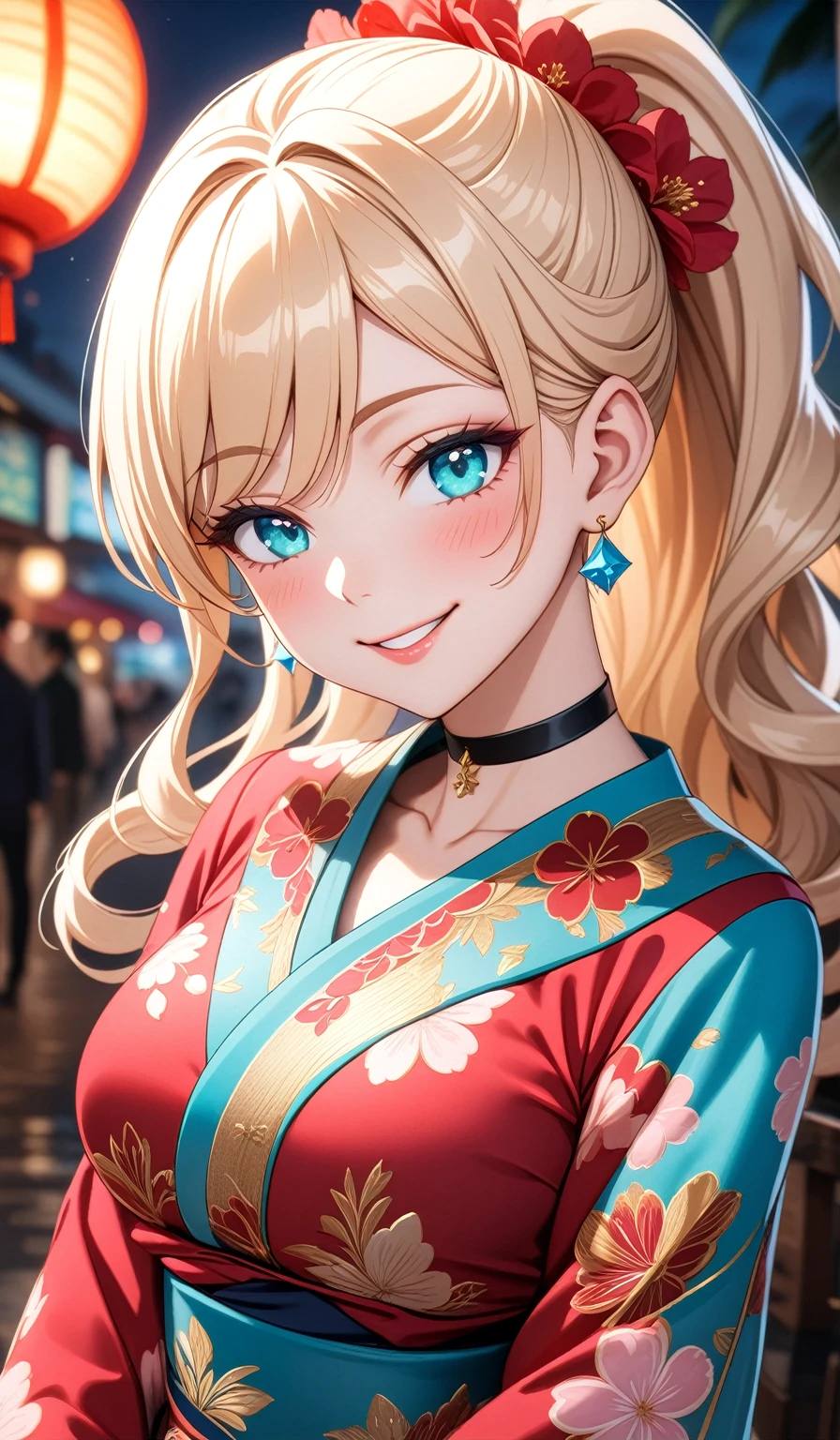 ((One personの女性)), Beautiful Face, (Laughing embarrassedly), (evil smile:1.2),((Wink:2.0)), (head tilt:1.3), Laugh with your mouth wide open,((Bright red cheeks:1.4)),Shiny red lips,Night view,port, firework,Laughing with your mouth open,Glossy pink lips,Facial lighting, ((Anime style background)),masterpiece, Highest quality, so beautiful,up to date, Complex details, (Pink long nails),(ring),(bracelet),(choker),AI-generated, Complex,High resolution, Highest quality, super high quality,3D Images、3D Images,One person,Long blonde hair,ponytail, wavy hair ,Anime woman posing for a photo, ((Fine grain、Turquoise Eyes、Shining Eyes:1.3)), (Squint your eyes:1.1),a hyperRealistic , hyperRealistic , Realistic,Anime woman with long white hair, Smooth anime CG art, A woman in a colorful kimono with gold embroidery, (Pink long sleeve kimono),Red floral pattern,Long flower hair ornament,Earrings,Mature Body,(Big Breasts:1.1),Tall,Abdominal muscles,Tight waist,(Zoom up to face:1.3), (front view),