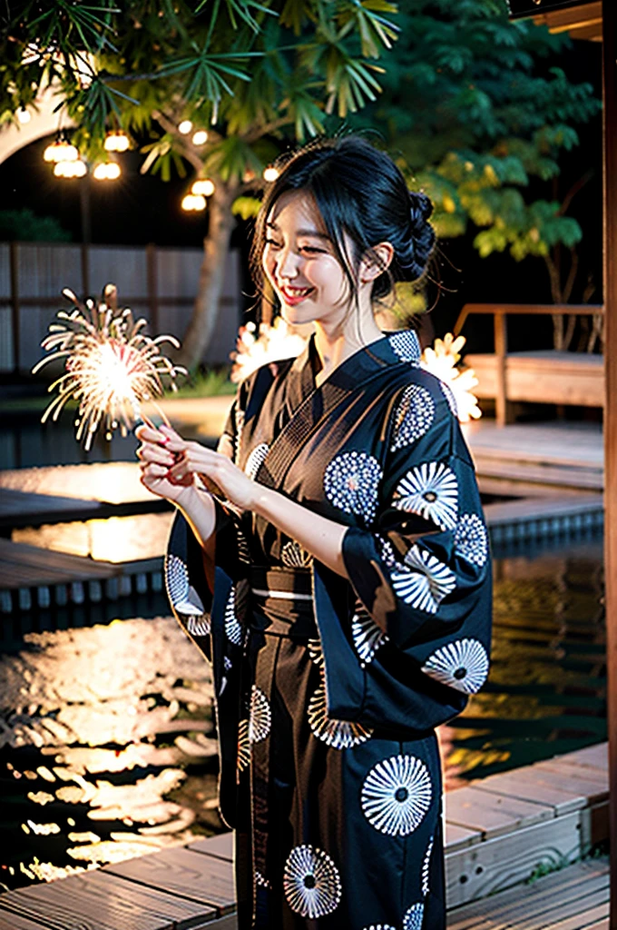 Yukata Fireworks Real Smile Neat Black Hair