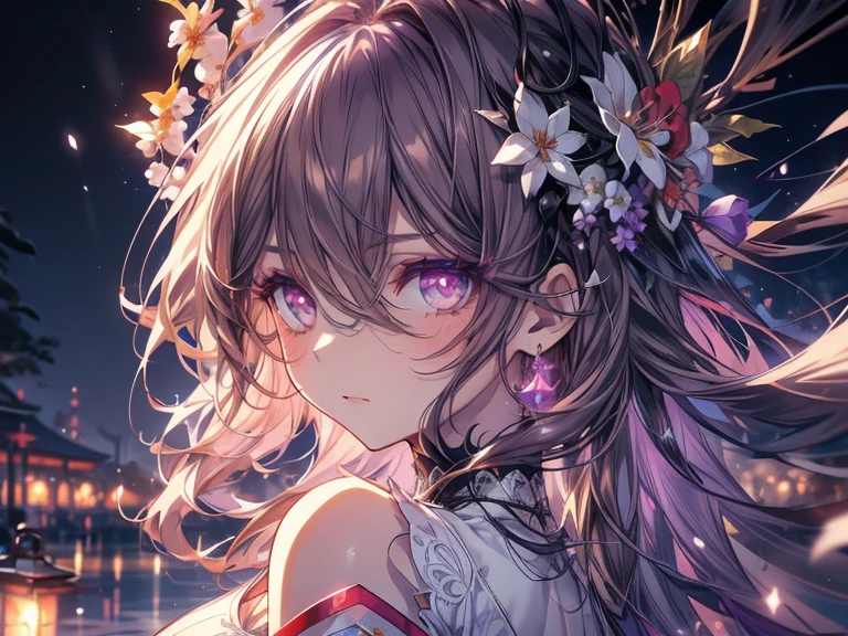 (overhead view), mature anime woman illustration, 1girl, (masterpiece, best quality, ultra-detailed), sharp focus, detailed face, face focus, extremely detailed eyes, long hair with hair between eyes, curly hair, brown hair with light purple eyes, (purple eyeshadow and glowing eyes:1.3), long eyelashes, (frown), delicate makeup, big breasts ((bare shoulders, chiffon dress with white and black fabric and red accents)), ((walking, blizzard, lantern festival, peace blossom backdrop, snow, breeze)), upper body, cinematic lighting, rim lightning, ray tracing, shadowing, dynamic angle