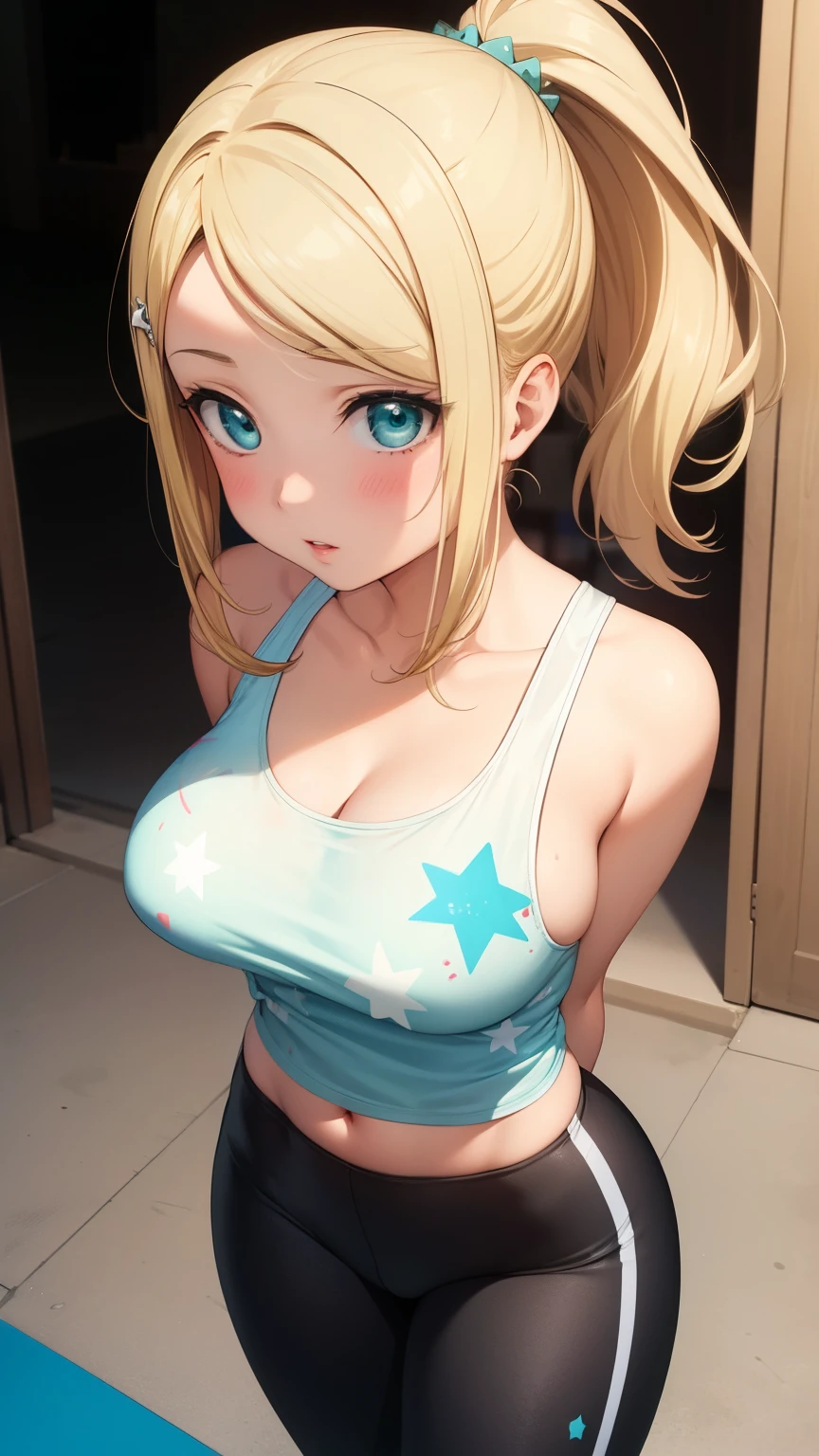 masterpiece, best quality, highly detailed, ultra high res, ayase arisa, 1girl, solo, hair ornament, long blonde hair, glossy lips, medium breasts, aqua eyes, ponytail, yoga pants, star print tank top