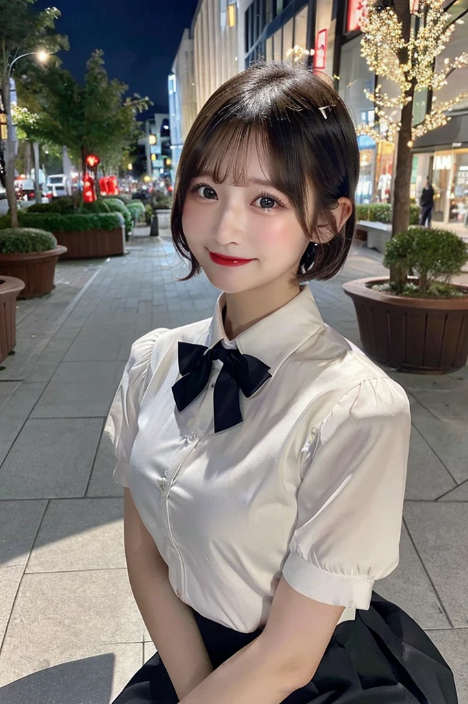 (8K, RAW Photos, Highest quality, masterpiece:1.2), (Realistic, photo-Realistic:1.37), Super detailed, 1 Girl,cute, alone,Beautifully detailed skies,Detailed Cafe,night,Sitting,Date,(Red nose),(smile:1.1),(Mouth closed),Large Breasts, seductive smile, Large opening, Professional Lighting, Sony A7R4, Zesse 50mm F1.8, Big Tits、Beautiful attention to detail,(Collared shirt:1.1), bow tie,Pleated skirt,(short hair:1.2),Floating Hair