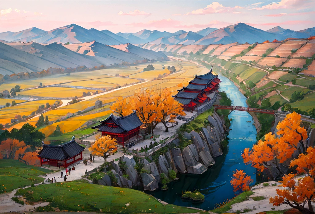 painting of a Rural landscape with a river and a village, Gong Xian, China Village, Huang Guangjian, author：Ni Yuanlu, Karst, old asian village, author Wen Boren, author：Dong Yuan, Chinese scenery, by Gu Zhengyi, by Liao Chi-chun, Korean Village, Rural landscape, by Dong Qichang