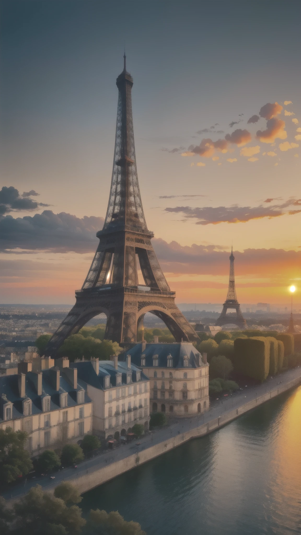 France at dusk、Eiffel Tower、Fantasy、mysterious、Cobblestones and historic buildings、Beautiful sunset、