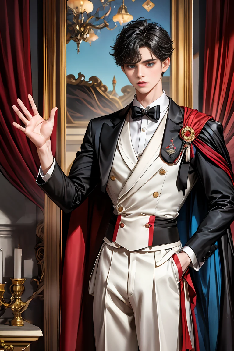 masterpiece, 最high quality, high quality, 1 boy, alone, Male focus, Watching the audience, Messy black hair, Adorable big blue eyes, White people, Noble, Noble,Sexy voluminous black and red cape、Tuxedo、A very voluminous, large, very large, very large, long, long red and black cape with a high stand-up collar, reaching down to the floor, made of a lot of fabric., 17 years old,Cute beautiful boys,Cute, cute, kind, handsome guy