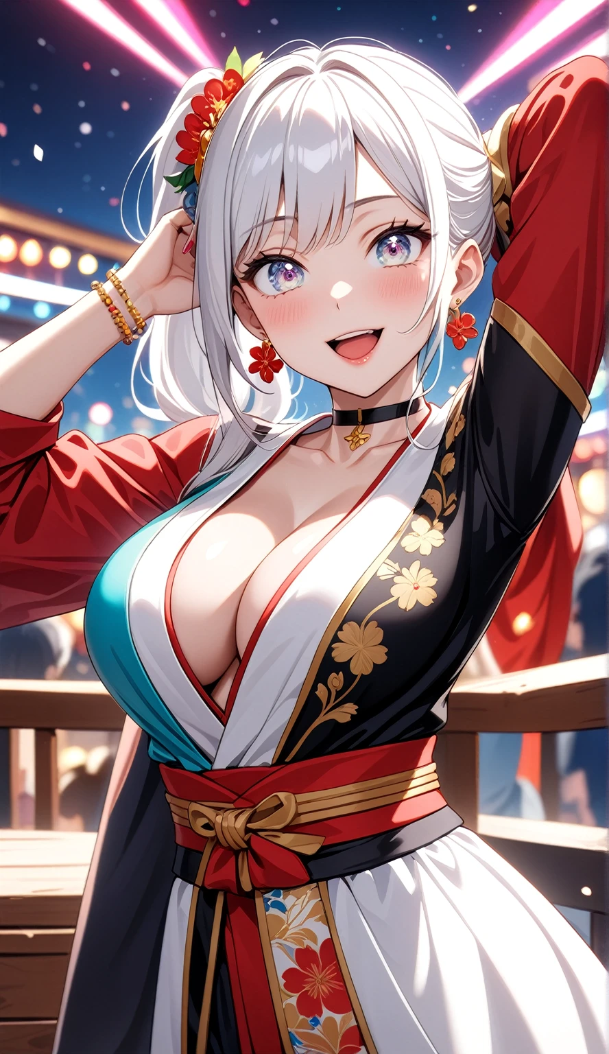 (One personの女性)), Beautiful Face, Laughing embarrassedly, ((Wink:2.0)), (Put your hands behind your head:1.5), Laugh with your mouth wide open,((Bright red cheeks:1.4)),Shiny red lips, night,rooftop,Festivals, firework,Glossy red lips,Facial lighting,((Anime style background)),masterpiece, Highest quality, so beautiful,up to date, Complex details, (Pink long nails), (ring),(bracelet),(choker),AI-generated, Complex,High resolution, Highest quality, super high quality,3D Images、3D Images,One person,Long white hair in a high side ponytail,(blue eyes),  ((Fine grain、Silvery white colorful eyes、Shining Eyes:1.4)), (Squint your eyes:1.1), 写真のポーズをとるAnime Women, a hyperRealistic , hyperRealistic , Realistic,Anime Women, Smooth anime CG art, A woman in a colorful kimono with gold embroidery, (Black long sleeve kimono),  Red floral pattern,Long flower hair ornament,Earrings,Mature Body,(Big Breasts:1.1),Tall,Narrow waist,(Zoom in on face:1.1),dutch angle,