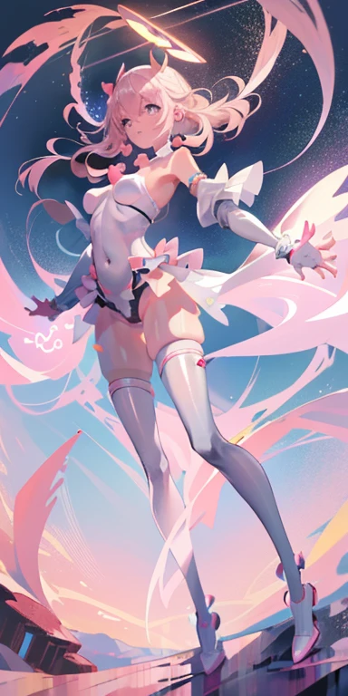 (masterpiece, best quality: 1.3), (16k, high resolution: 1.3), Beautiful  girl, White mechanical body, clear skin, Dream, Surreal background, floating, universe, Godly, myth, heavenly, (((pink hearts))), small breasts，open navel，Bare thighs，camel toe，Full body female love, staring at the audience, 