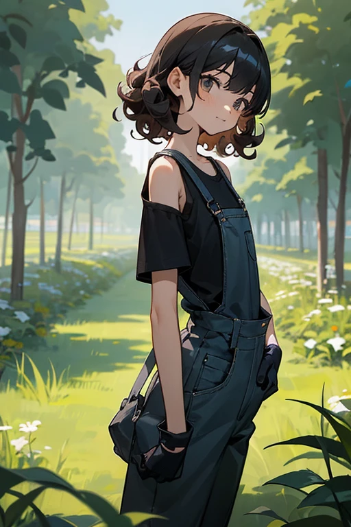 Slender beautiful girl、10th Generation、athlete、sleeveless Black T-shirt、Overalls、Off the shoulder、Gloves in hand、Curly Hair、Garden、Short stature、白いノースリーブのジップアップパーカー